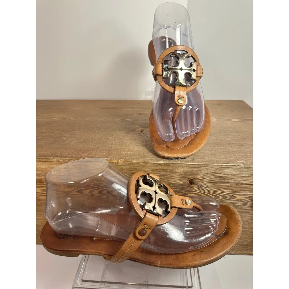 Tory Burch Mini Miller Sandals Women SZ 8 Brown Gold Logo Flip Flop Resort Boho